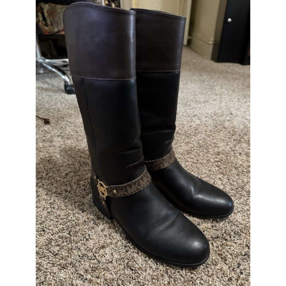 Michael Kors Finley Branson Boots MK Logo Riding Black Brown Womens 5